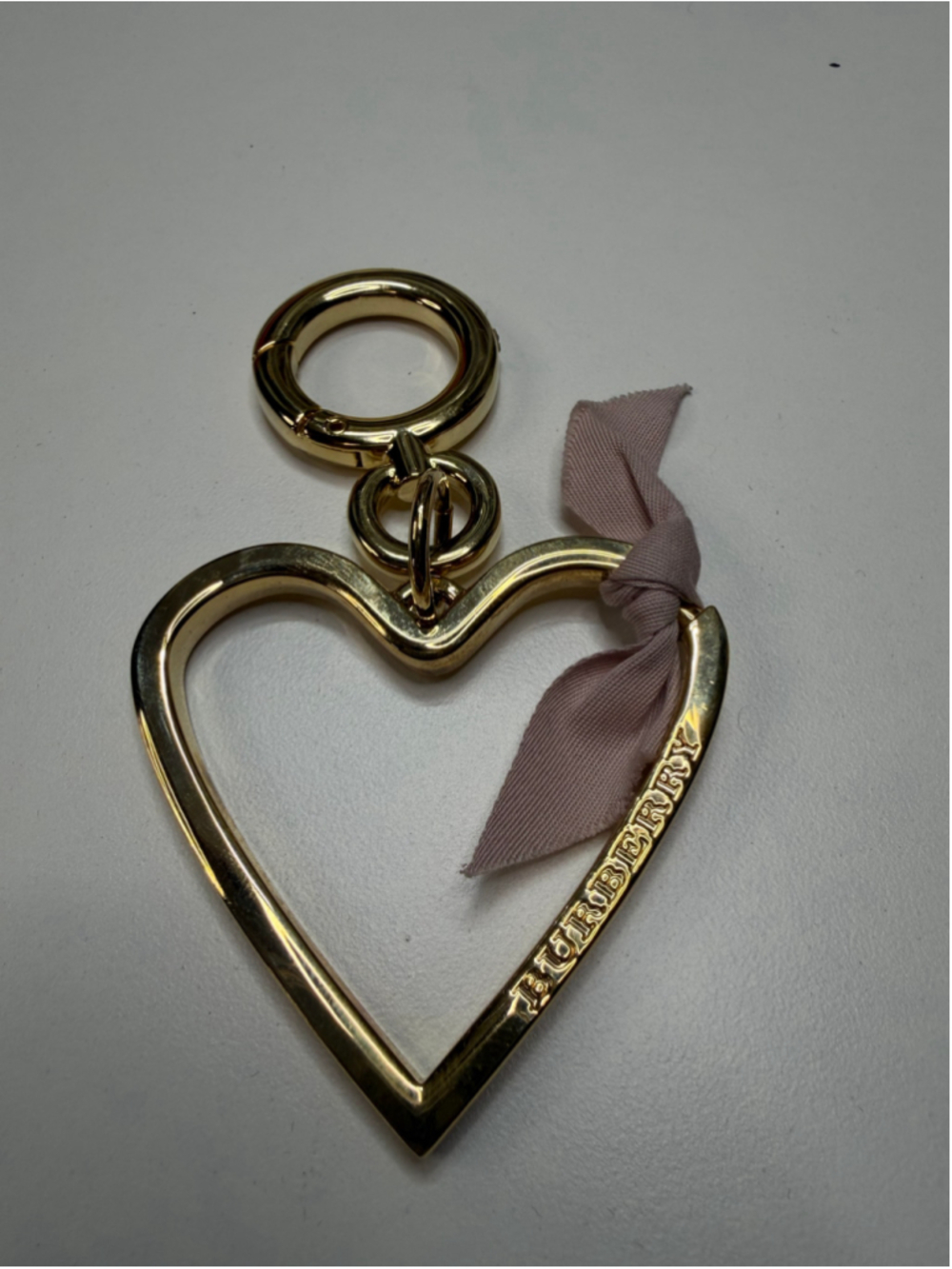 Women's Burberry Gold Heart Keychain with Pink Ribbon, One Size